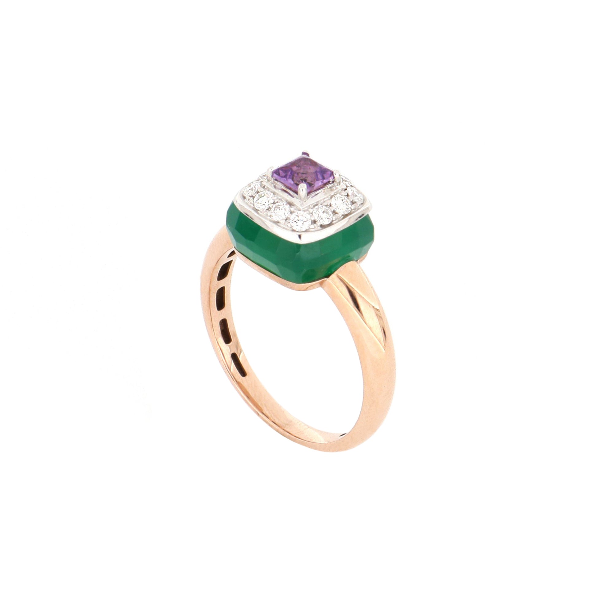 Video Bonbon Ring Square with Amethyst, Green Onyx and Diamonds