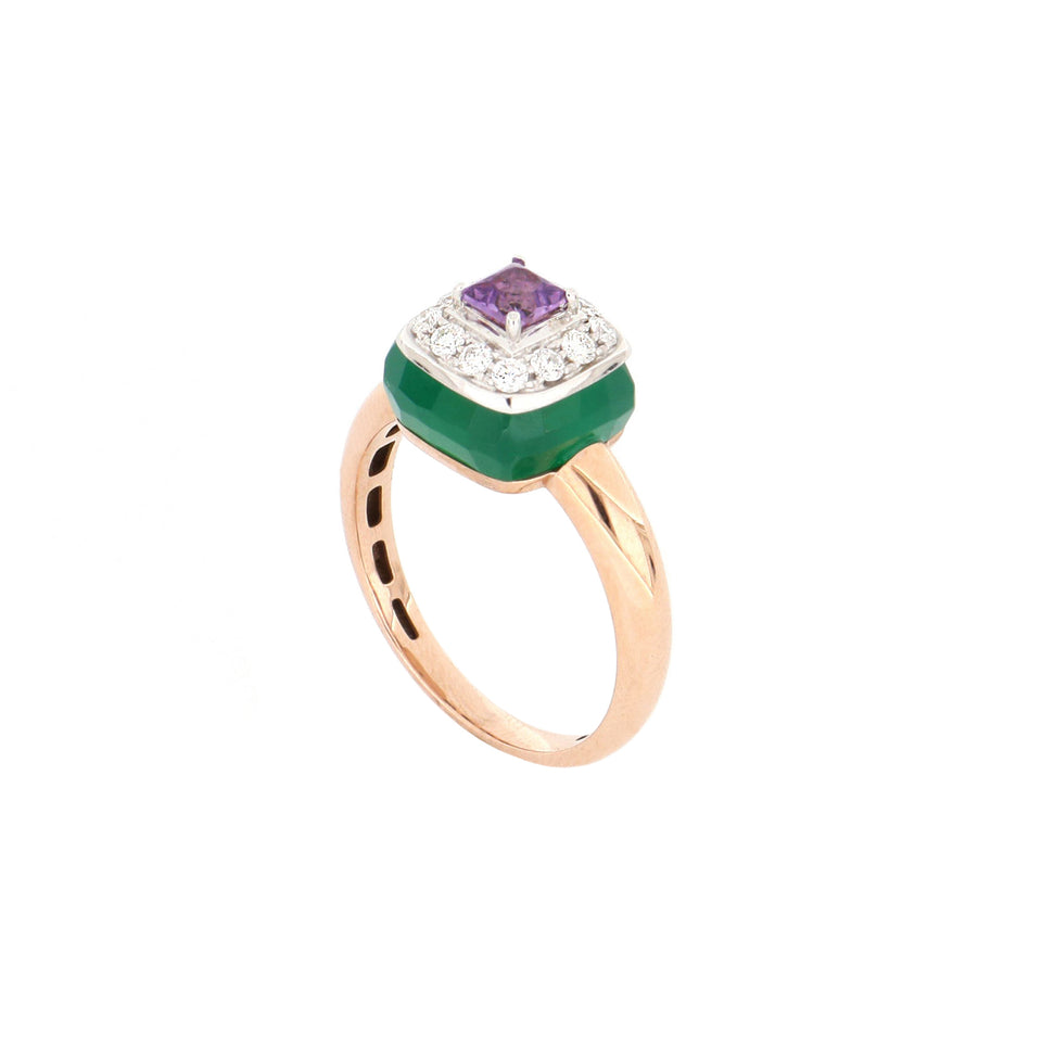 Video Bonbon Ring Square with Amethyst, Green Onyx and Diamonds