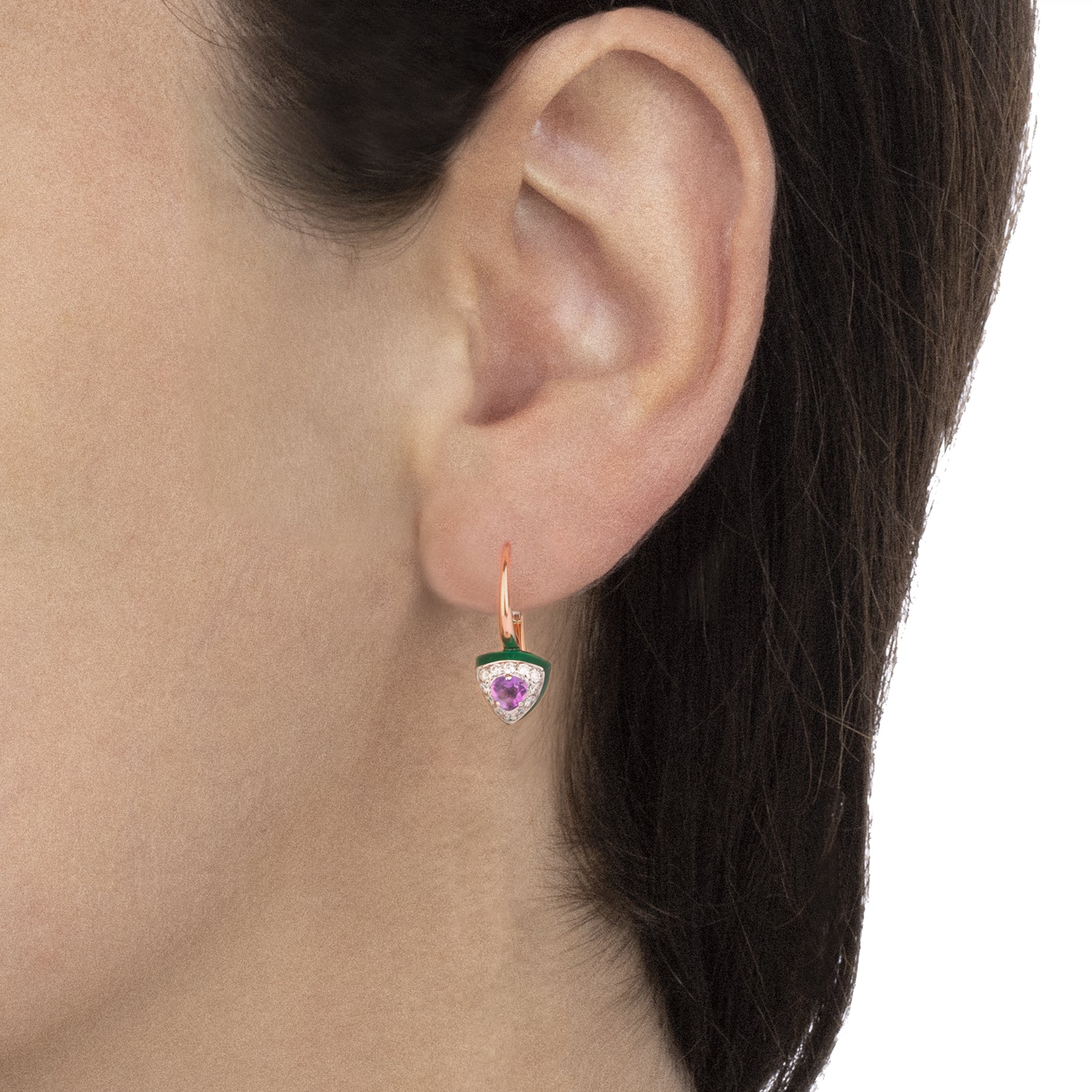Worn - Bonbon Earrings Triangle With Amethyst And Green Onyx And Diamonds