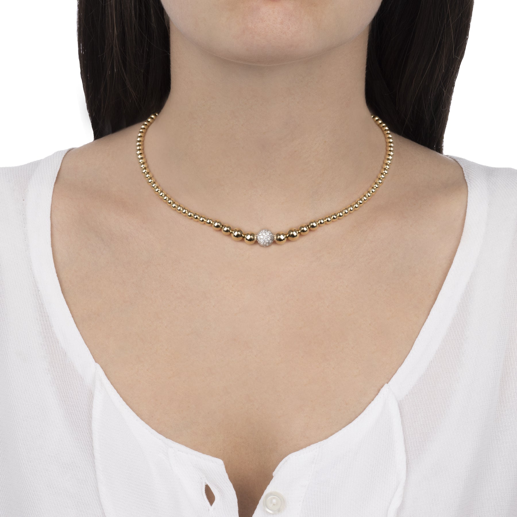 Worn Universo Medium Necklace Graduated Spheres Polished Yellow Gold and Diamonds